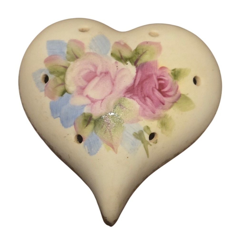 I.W. Rice Porcelain Heart Pomander Vintage Cream Pink Rose Hand Painted Japan